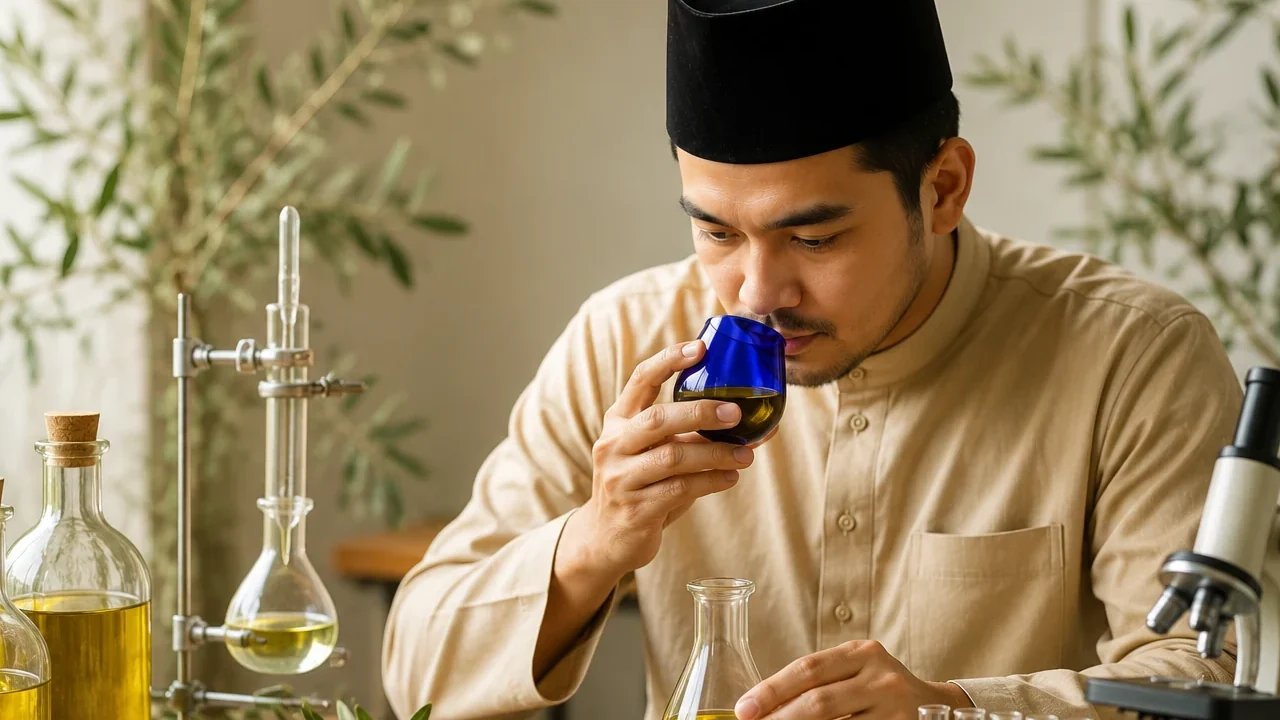 A Malaysian man in a black songkok, seated at a wooden bench, nosing olive oil from a cobalt-blue tasting glass, with a glass flask of oil, a rack of sample tubes and a microscope on the bench and olive branches behind him.