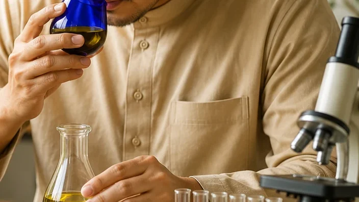 Close view of the tasting bench: a hand holding a cobalt-blue tasting glass at the top left, a glass flask of yellow-green olive oil and a row of empty sample tubes in front of a microscope.