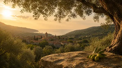 An old olive tree above a hillside grove, with a village and the sea behind it at sunset
