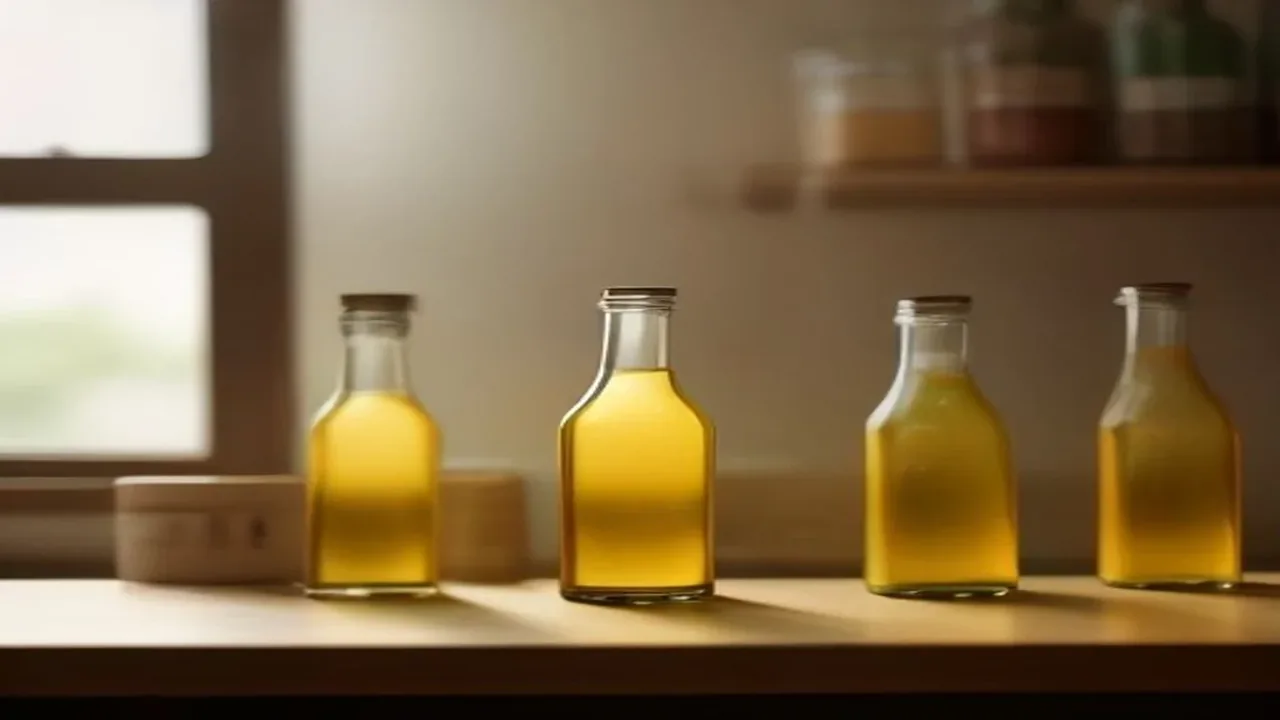 Four small glass bottles of cooking oil standing in a row on a wooden kitchen shelf