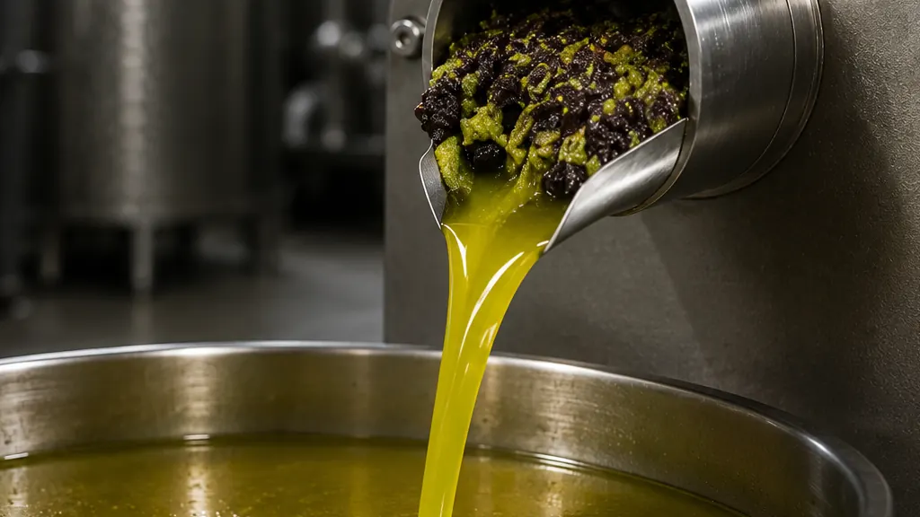 Olive paste coming out of a stainless mill with green oil running down into the vat below