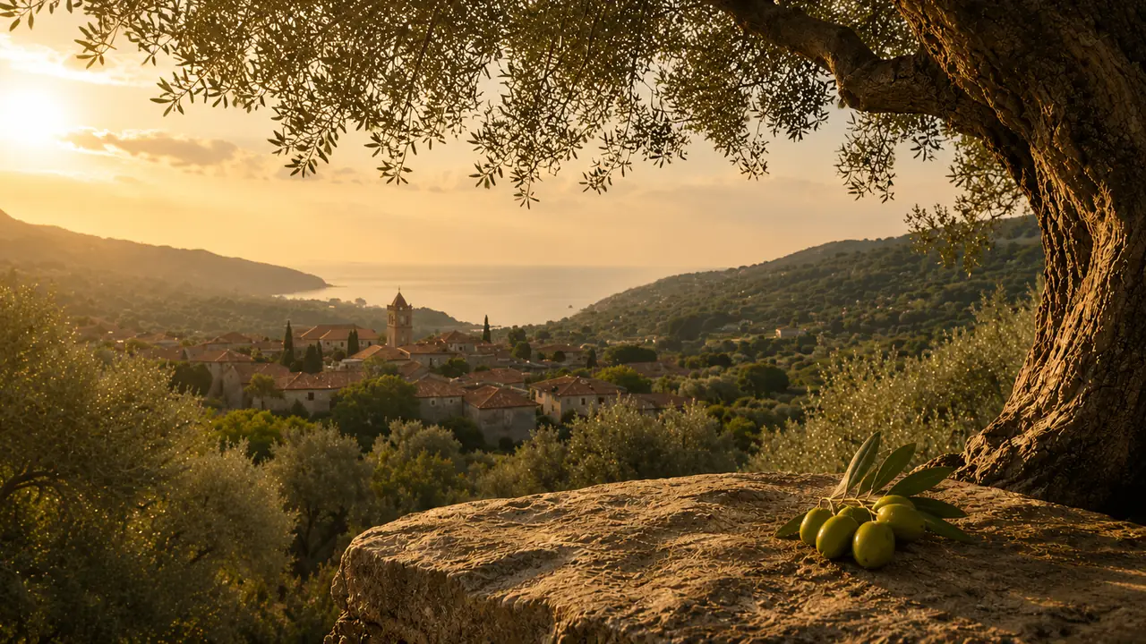 An old olive tree above a hillside grove, with a village and the sea behind it at sunset