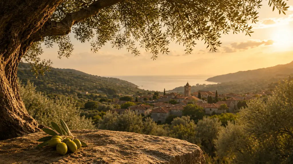 Olive trees on a hillside at sunset, the grove running down towards the sea