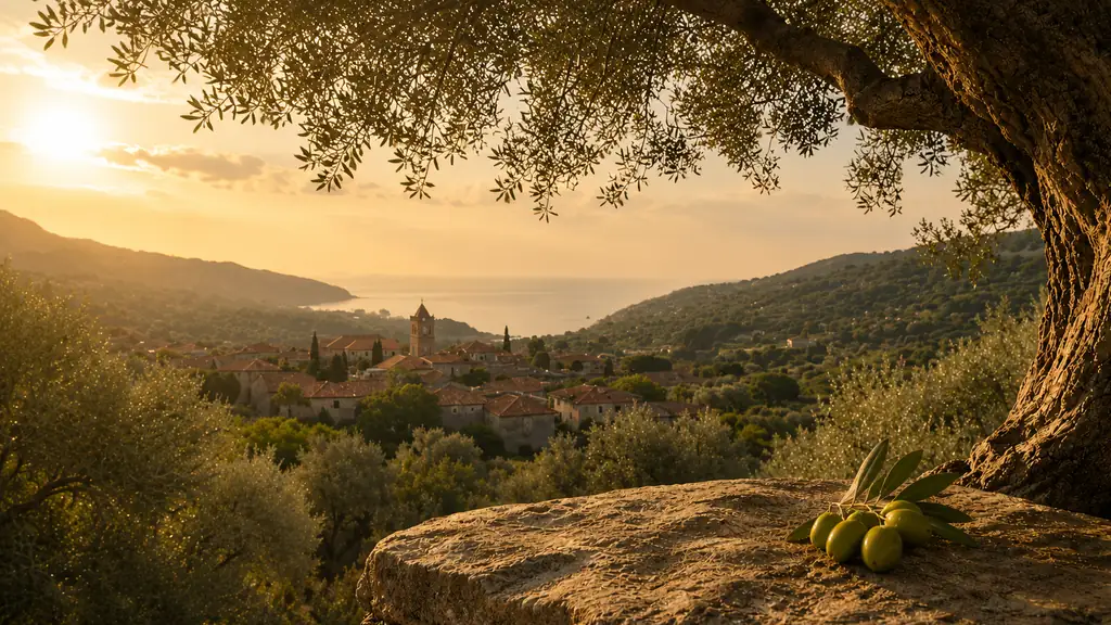 An old olive tree above a hillside grove, with a village and the sea behind it at sunset
