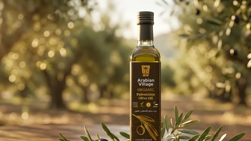 A bottle of Palestinian extra virgin olive oil standing on a wooden table with whole olives and olive leaves scattered around it