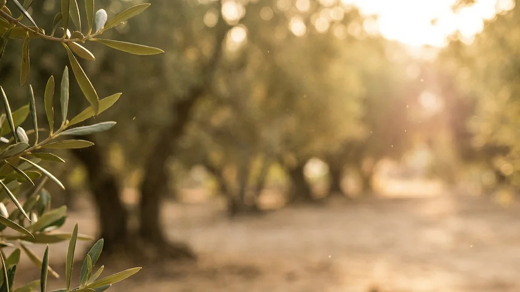 A sunlit path running between old olive trees in the grove