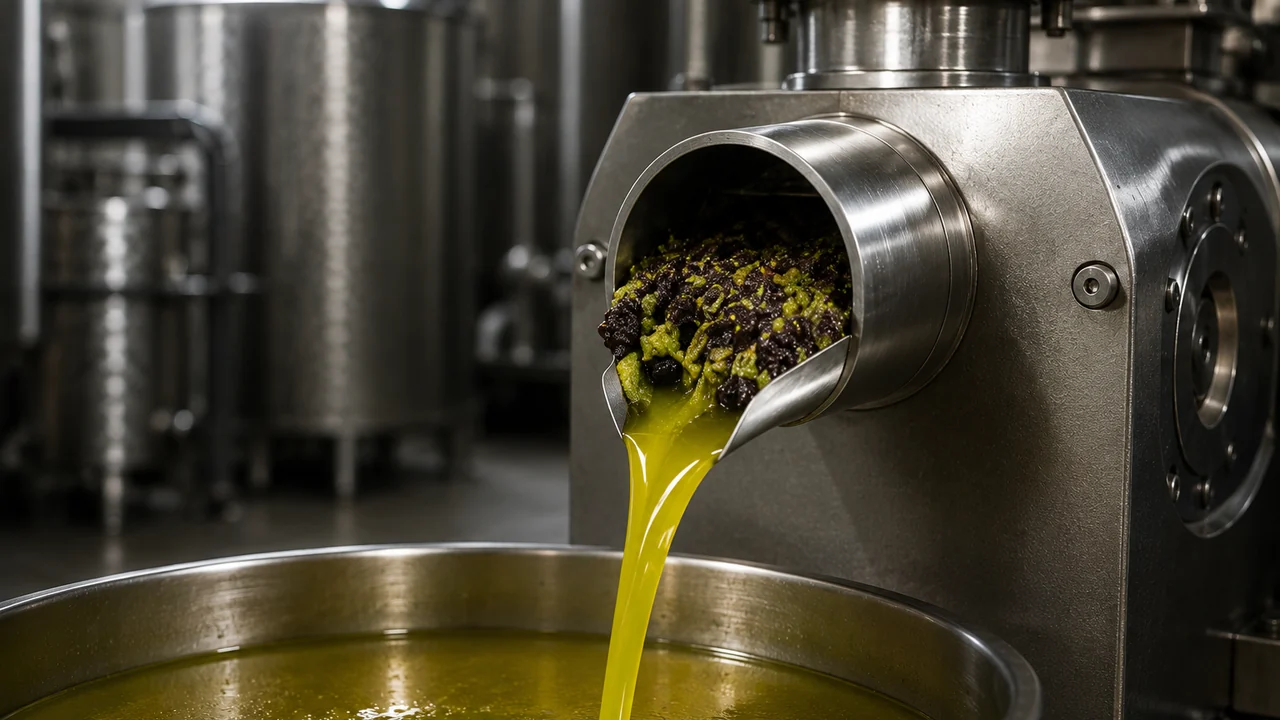 Olive paste extruding from the stainless steel mouth of a mill while a ribbon of bright green-gold oil pours into an open steel vat, storage tanks behind