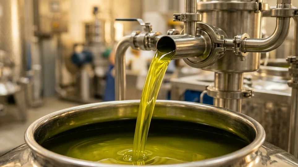 Oil pouring from a stainless steel pipe into an open vat in a processing room, a pressure gauge and steel tanks around it