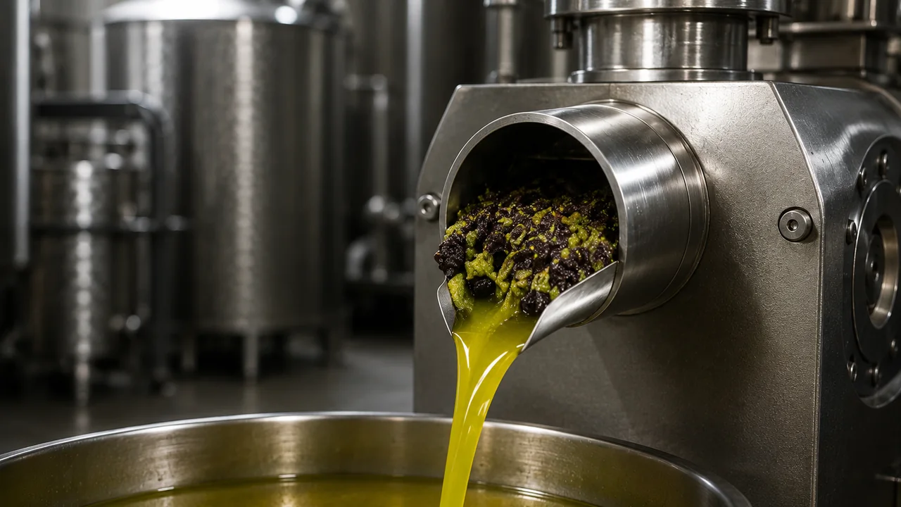 Olive paste coming out of a stainless mill with green oil running into the vat below