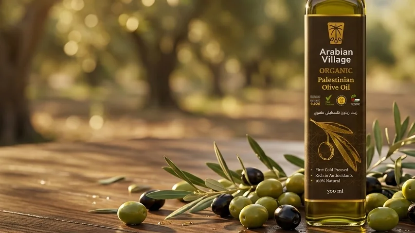 Whole olives and olive leaves scattered across a wooden table