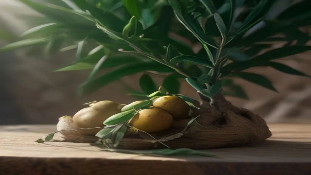 Green-gold Palestinian olive oil poured from a bottle beside olive branches and fresh olives