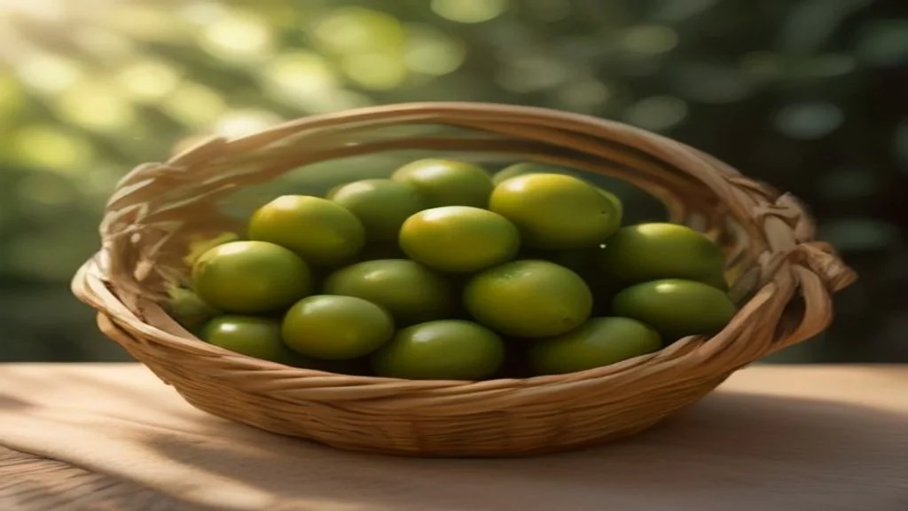 Terraced hillside olive grove with stone walls, olives being hand-picked into a cloth at harvest