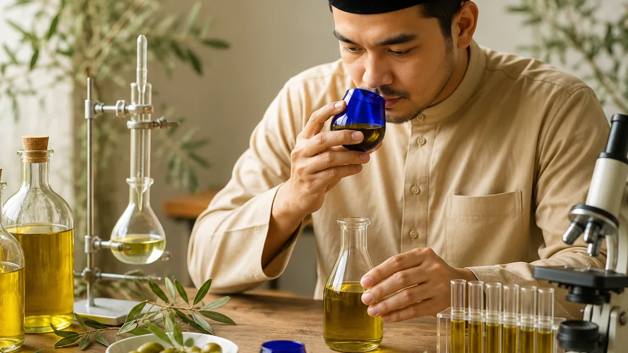 رجل يرتدي الطاقية يشمّ زيت الزيتون من كأس تذوّق أزرق على طاولة قوارير العيّنات