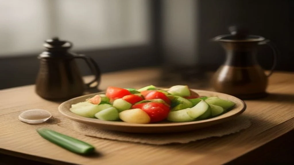 Meja kayu dengan mangkuk salad timun dan tomato, jag kaca kecil berisi minyak zaitun, sebiji lemon dan pengisar lada di sebelahnya