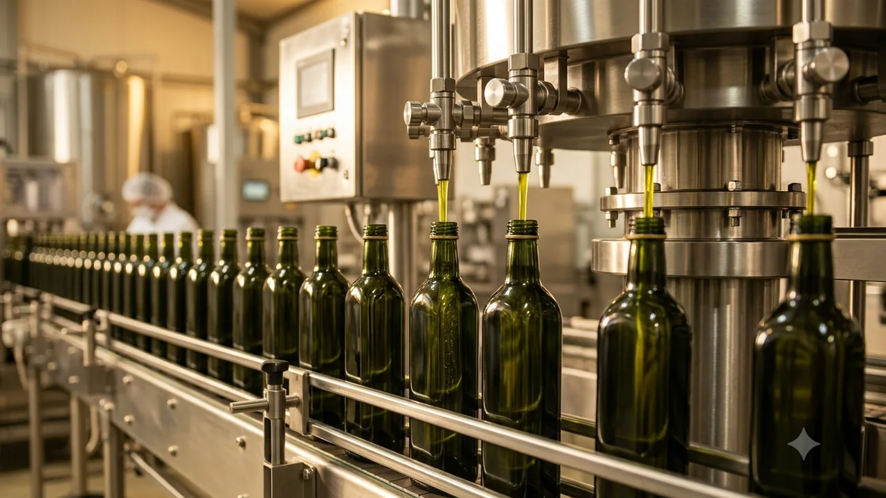 Dark glass bottles moving along a filling line under stainless steel filling heads