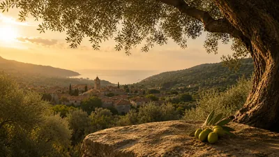 An old olive tree above a hillside grove, with a village and the sea behind it at sunset