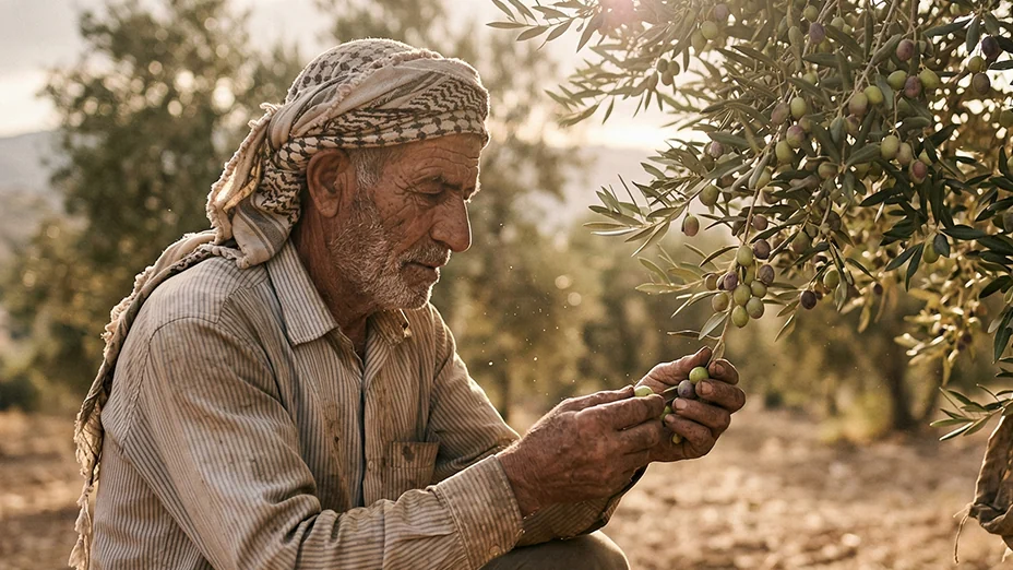 Petani berusia bertutup kepala keffiyeh mencangkung memetik buah zaitun dengan tangan dari dahan yang lebat, peti kayu berisi zaitun di sebelahnya