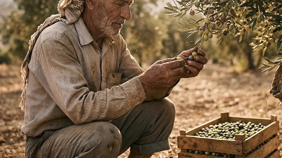 مزارع فلسطيني يرتدي الكوفية يفحص ثمار الزيتون على الغصن أثناء القطاف