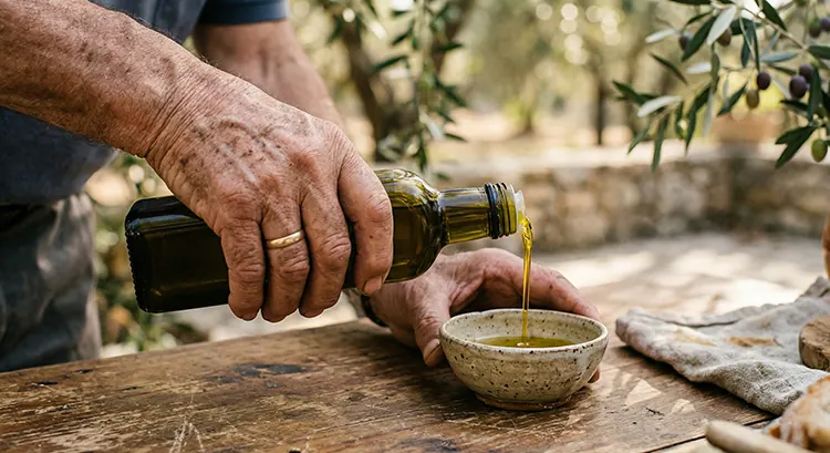 مزارع يصب زيت الزيتون من زجاجة داكنة في وعاء فخاري على طاولة خشبية